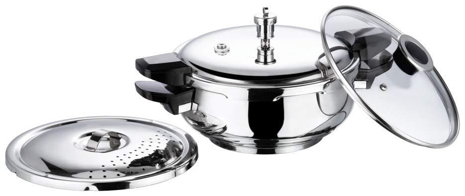 

Vinod Cookware SMGPC- 3 5 Stainless Steel 3 5 L Induction Bottom Outer Lid Pressure Cooker - Set of 1 ISI Certified