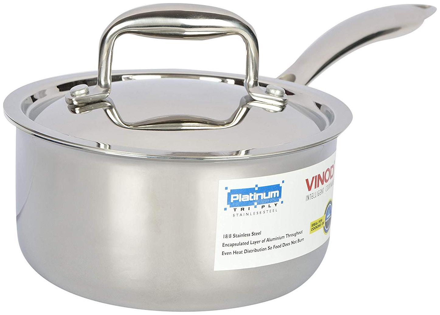 

Vinod Platinum Triply Stainless Steel Saucepan with Lid 1 2 LTR(Induction Friendly)