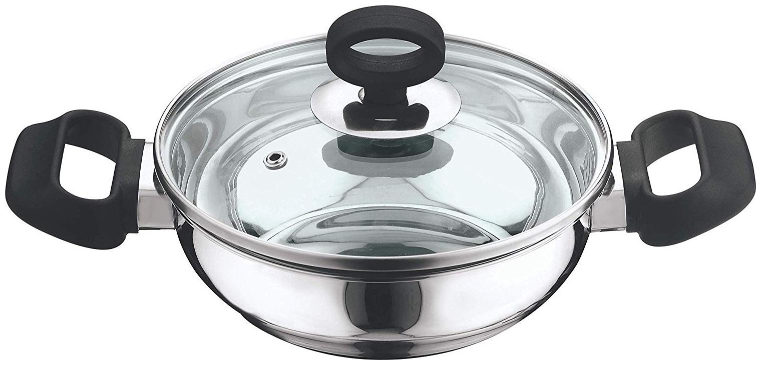

Vinod Cookware Deluxe Stainless Steel Induction Bottom kadhai With Glass Lid 22 Cm 2 4 Ltr