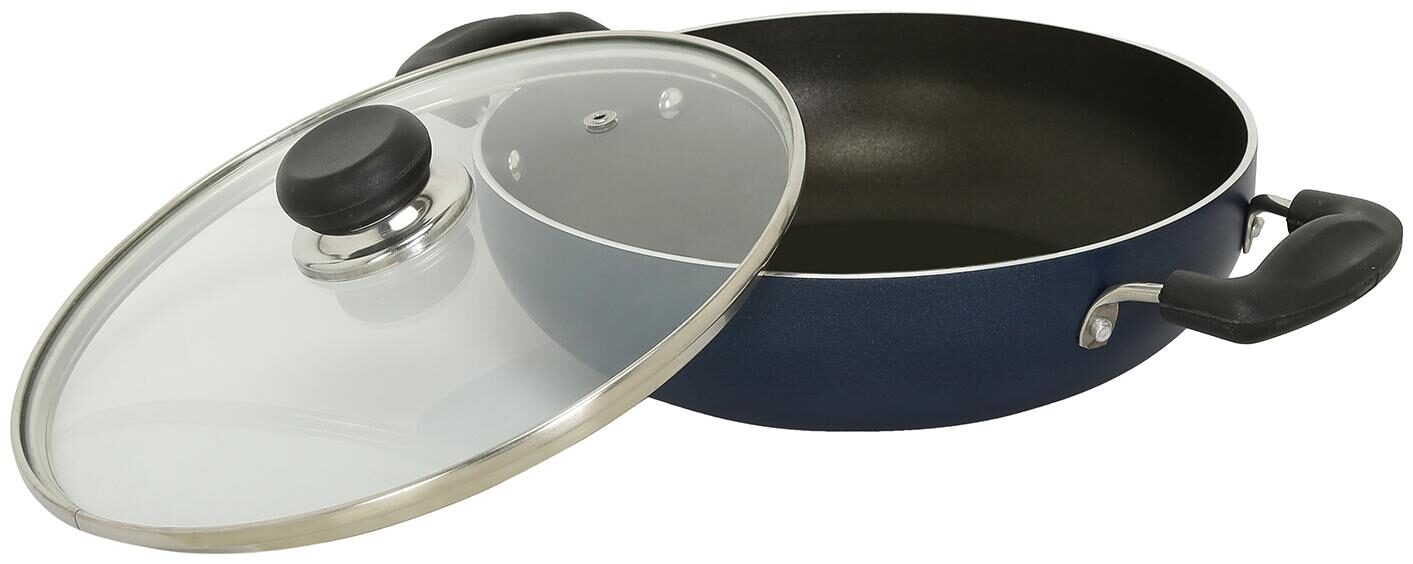 

Vinod Cookware Non Stick 3mm Blue Kadai with Lid 22 cm 2 L Aluminium