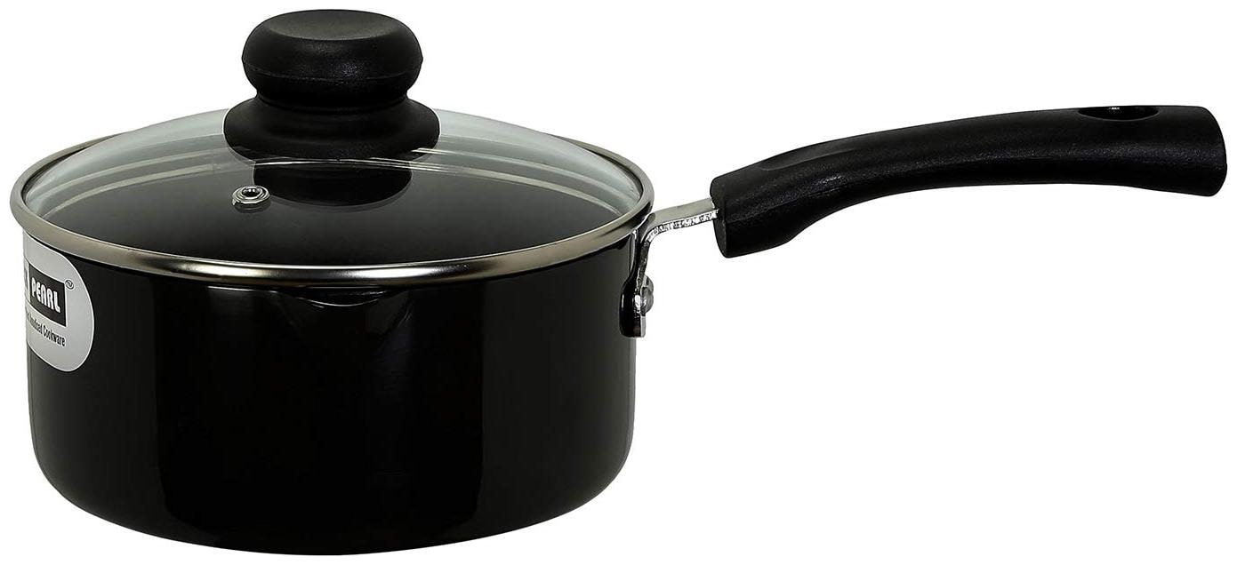 Vinod Cookware Hard Anodised Induction Friendly Sauce Pan With Glass Lid,16 Cm,1.7 L