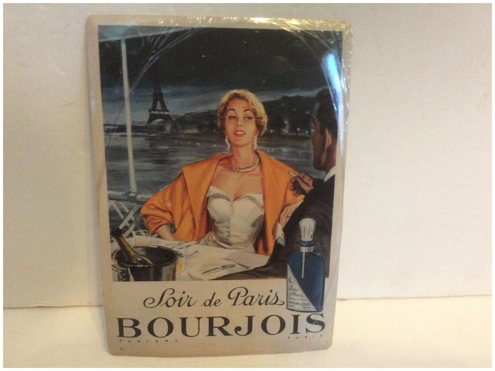 

Vintage Metal Tin Art Sign Poster Bourjois Soir e de Paris Parfums 8 x 5 3 4