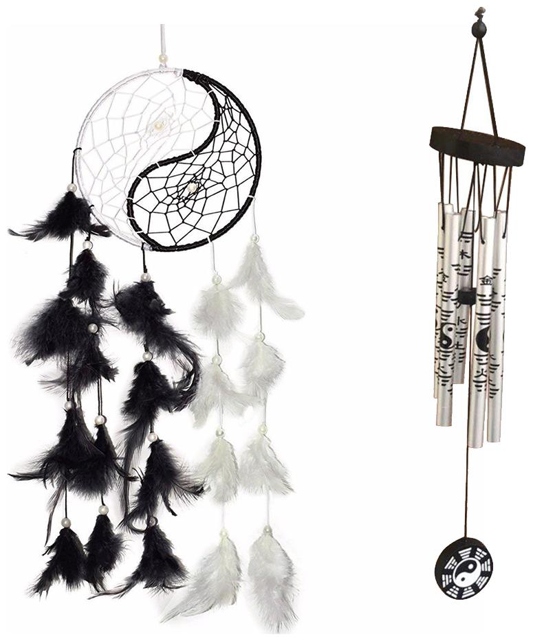 

Vyne Combo Of Multi Dream Catcher 5 Ring and Yin Yang Printed Silver 5 Pipe Wind Chime