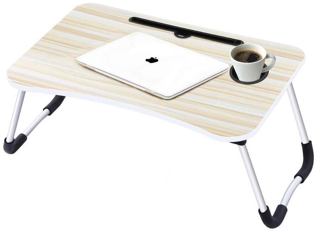 

Wahram Foldable Laptop Table with Cup Holder Charging Cable IPad Tablet Slot - Cream