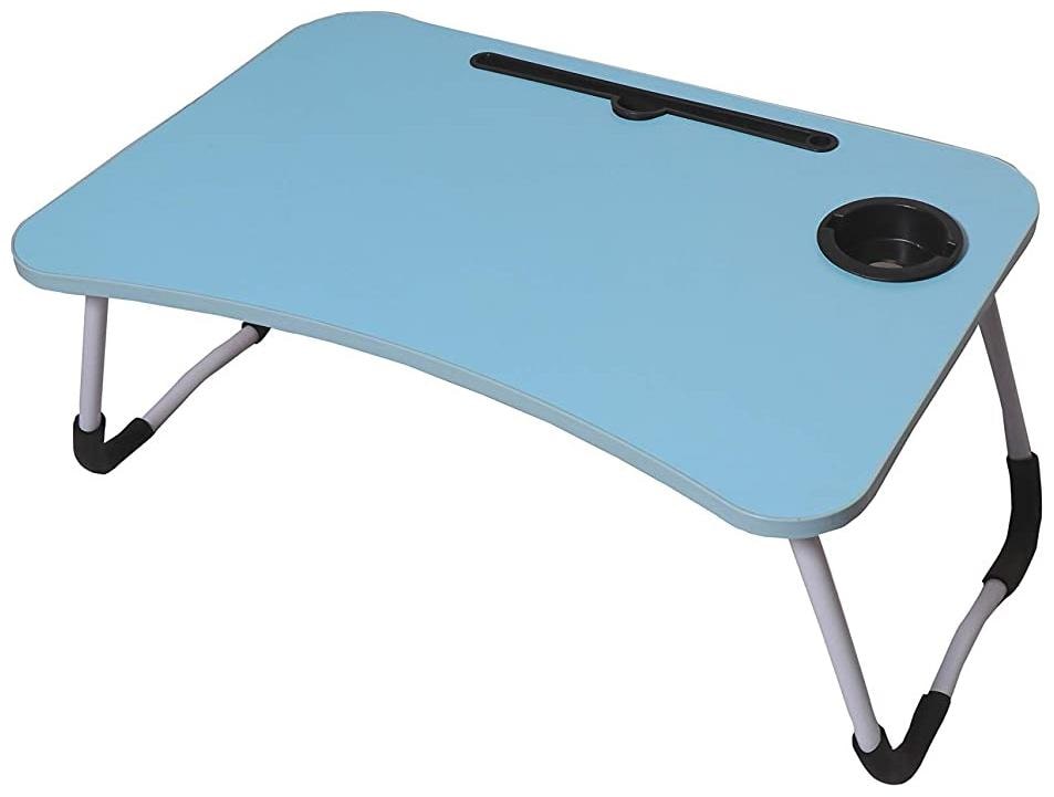 

Wahram Foldable Laptop Table with Cup Holder Charging Cable IPad Tablet Slot - Blue