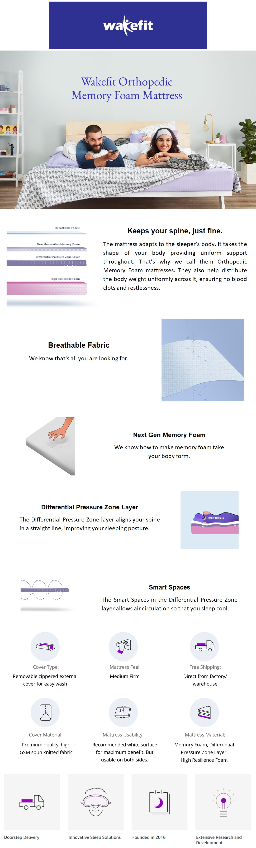 Buy Wakefit Orthopedic Memory Foam Mattress 72x72x5inch Online at Low