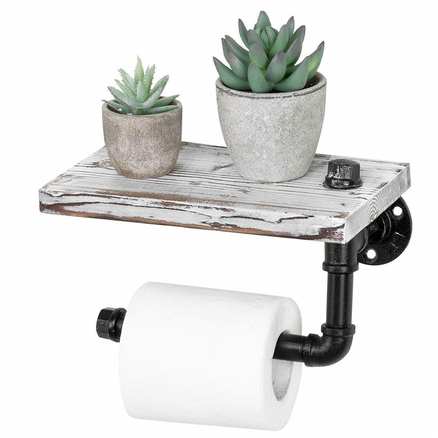 

Wall-Mounted Pipe Design Toilet Paper Holder with Whitewashed Wood Shelf