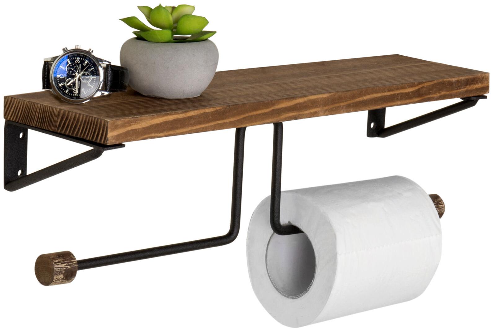 

Wall-Mounted Burnt Wood Black Metal Dual-Roll Toilet Paper Holder with Shelf