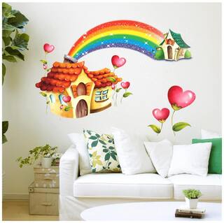 Wall Stickers Nursery Room Cartoon Hut with Rainbow for Kids Baby Room Design