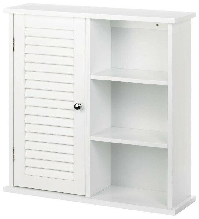 

Wall Storage Cabinet w Louvered Door on One Side 3 Open Shelves White