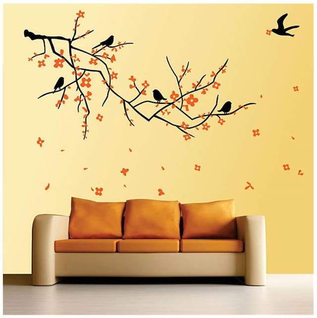 Wall Wings Birds Flying From & Sitting On Tree Branch With Orange Flowers Abstract/Vector Art Wall Sticker/Decals (6990)