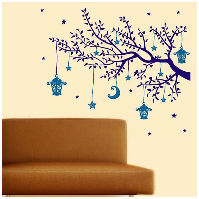 Wall Wings Celestial Tree Branch With Hanging Stars Moon Cages In Purple & Blue Abstract Art - Vector Art Wall Sticker/Decals (5731)