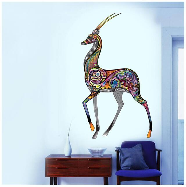 Wall Wings Deer In Artistic Multicolour Floral Mural Art (Good Luck) Abstract Art D cor Wall Sticker/Decals (6951)