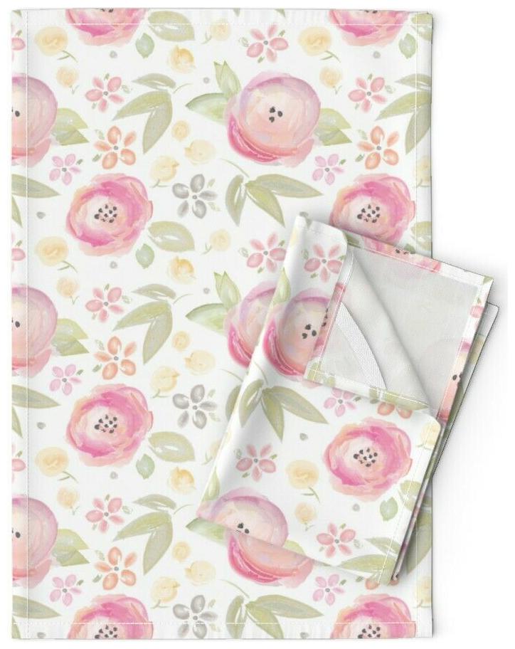 

Watercolor Flowers Painted Linen Cotton Tea Towels by Roostery Set of 2
