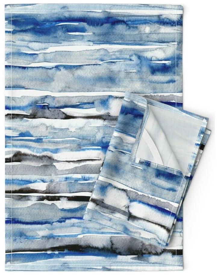 

Watercolor Stripes Blue Waves Linen Cotton Tea Towels by Roostery Set of 2