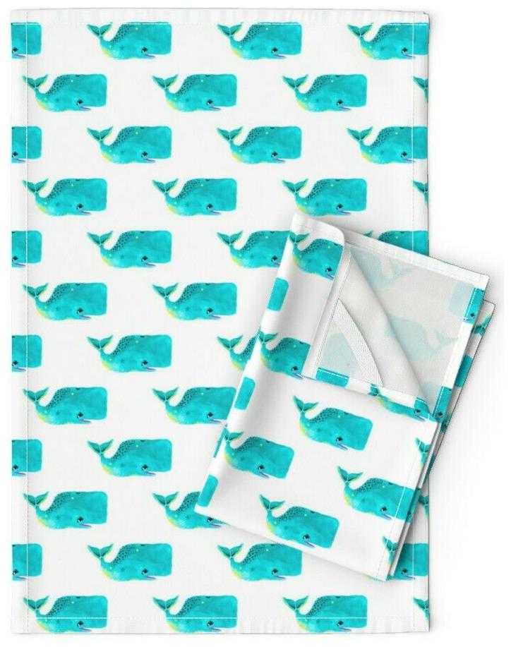

Watercolor Whale Nautical Ocean Linen Cotton Tea Towels by Roostery Set of 2