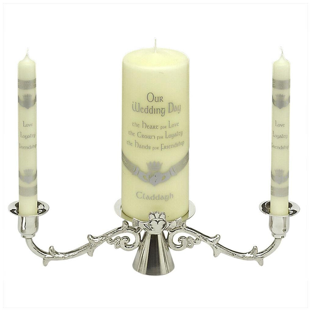 

Wedding Candlestick Mullingar Pewter Claddagh Design Handmade 9 inch wide