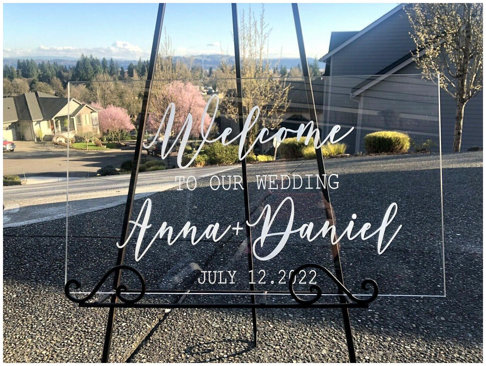 

Welcome Wedding sign CLEAR ACRYLIC Personalized 12 X 20 Engraved Gift Mr Mrs