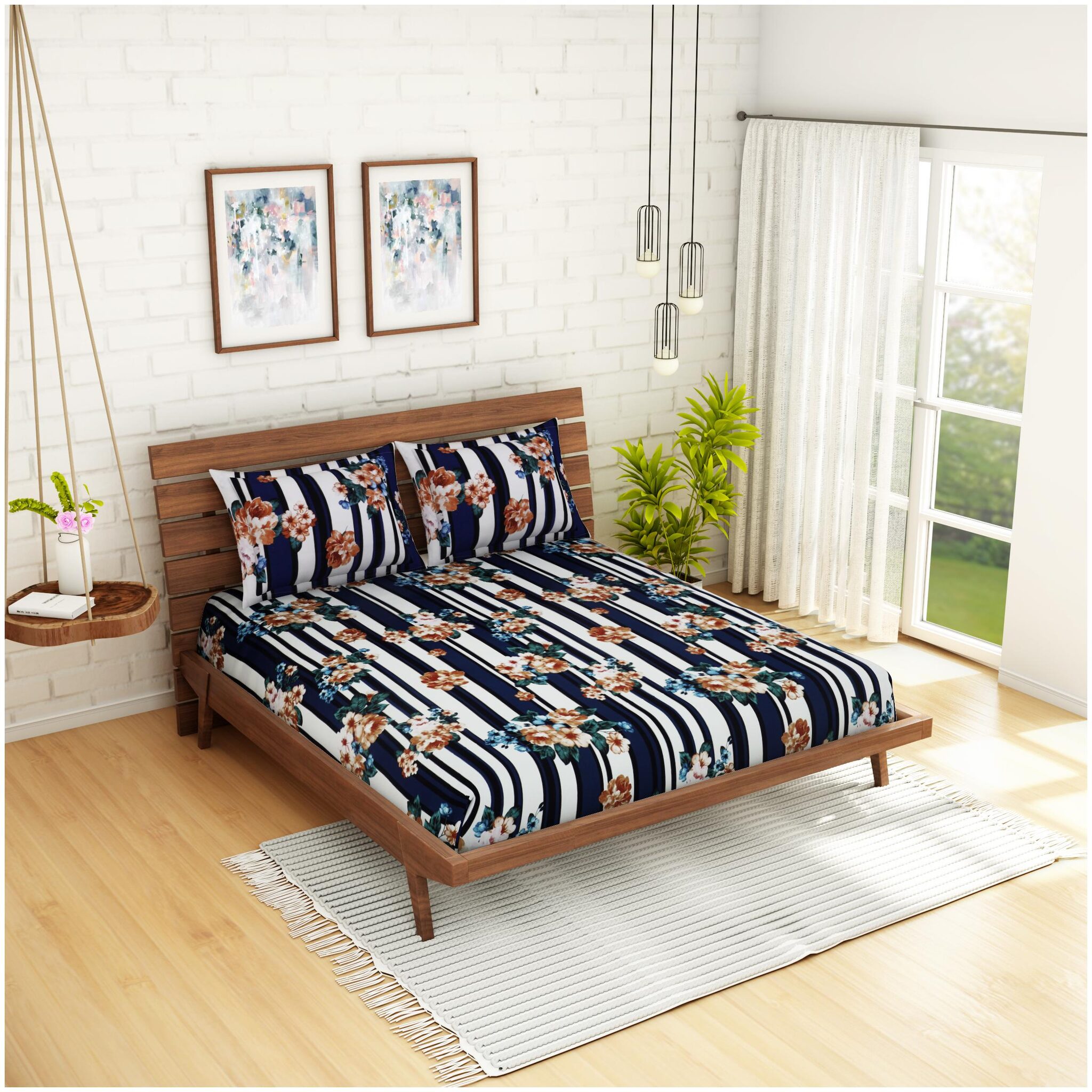 

Welhome Microfiber Floral Double Size Bedsheet 200 TC ( 1 Bedsheet With 2 Pillow Covers Blue Brown )