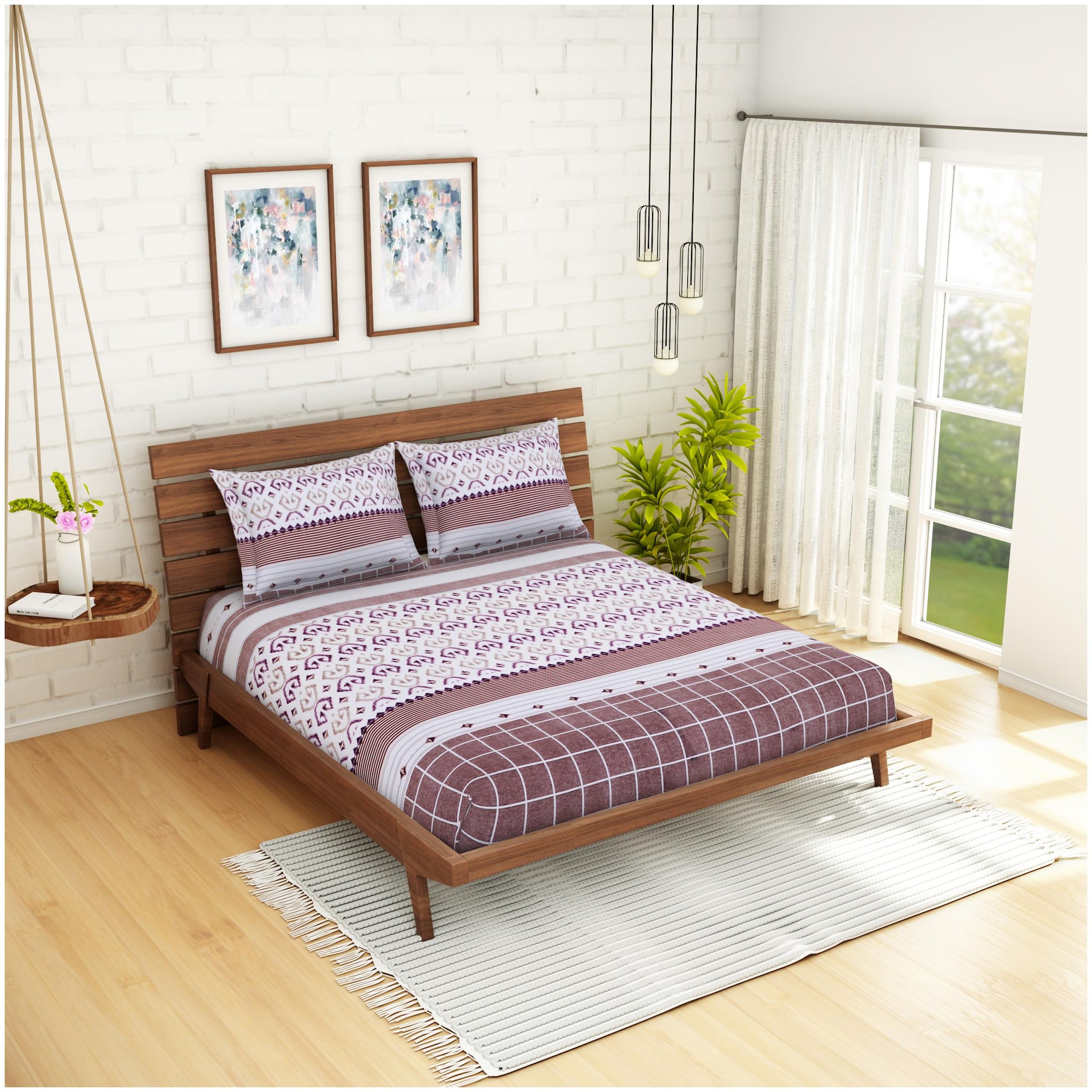 

Welhome Microfiber Geometric Double Size Bedsheet 200 TC ( 1 Bedsheet With 2 Pillow Covers White Brown )