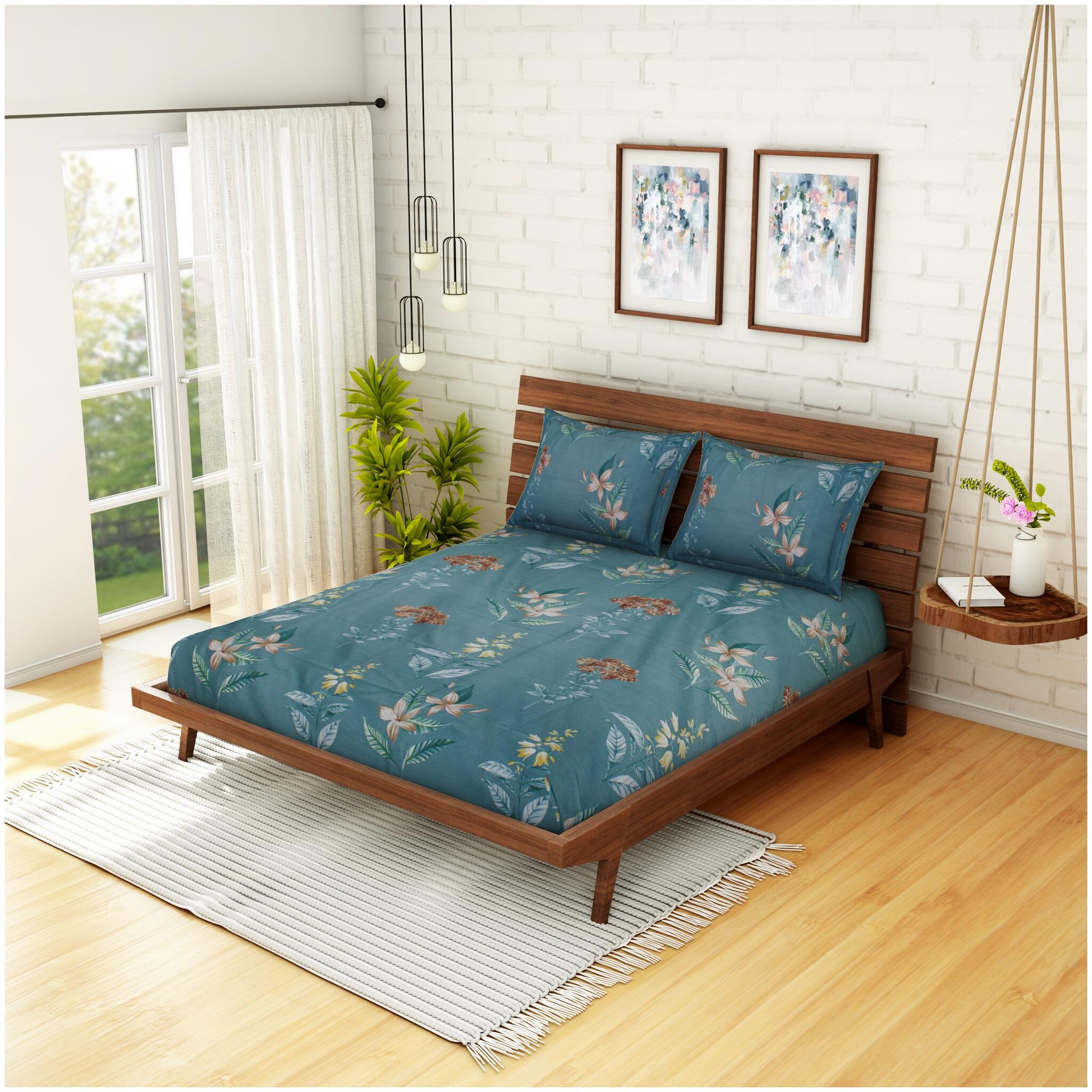 

Welhome Microfiber Floral Double Size Bedsheet 200 TC ( 1 Bedsheet With 2 Pillow Covers Blue Brown )