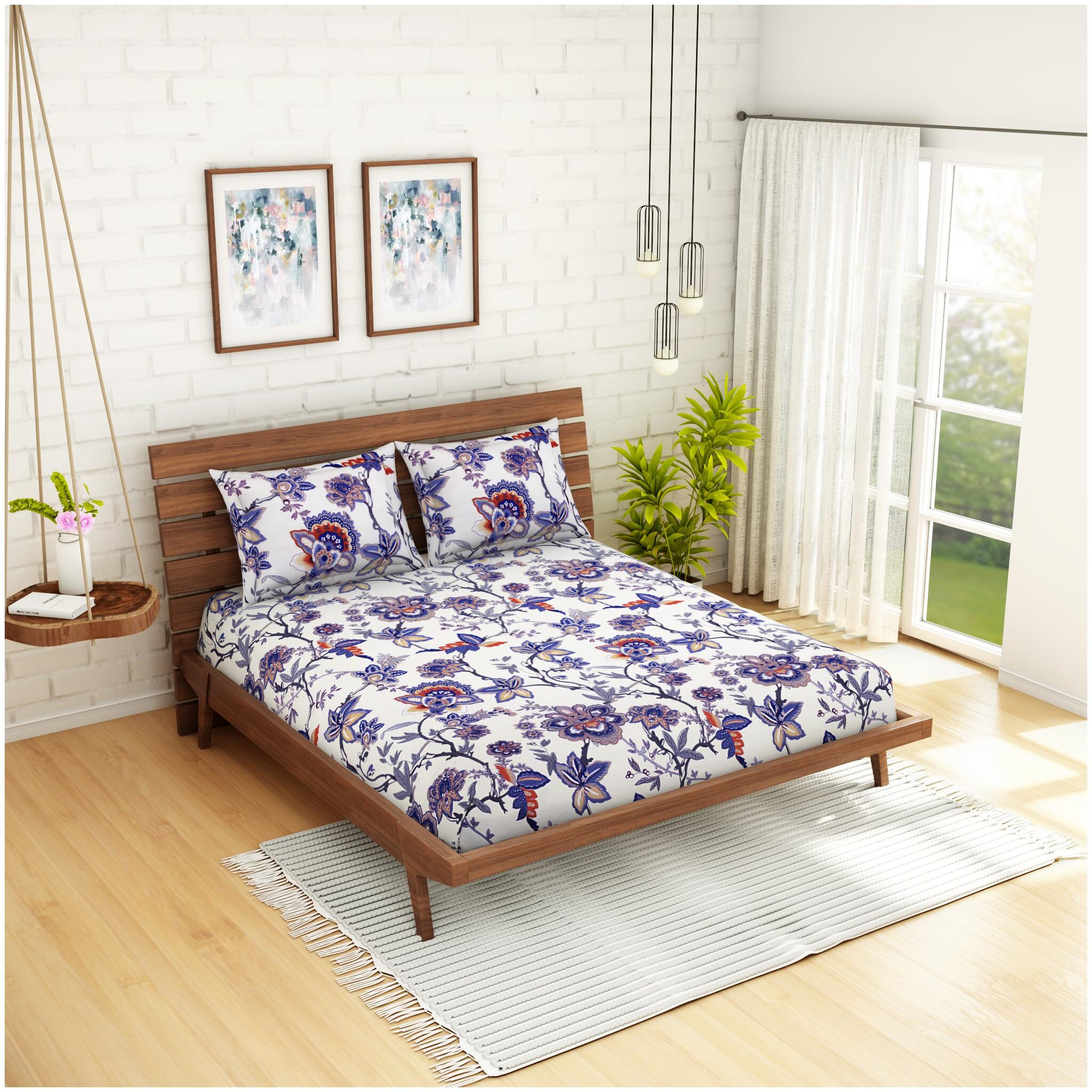 

Welhome Microfiber Floral Double Size Bedsheet 200 TC ( 1 Bedsheet With 2 Pillow Covers White Blue )
