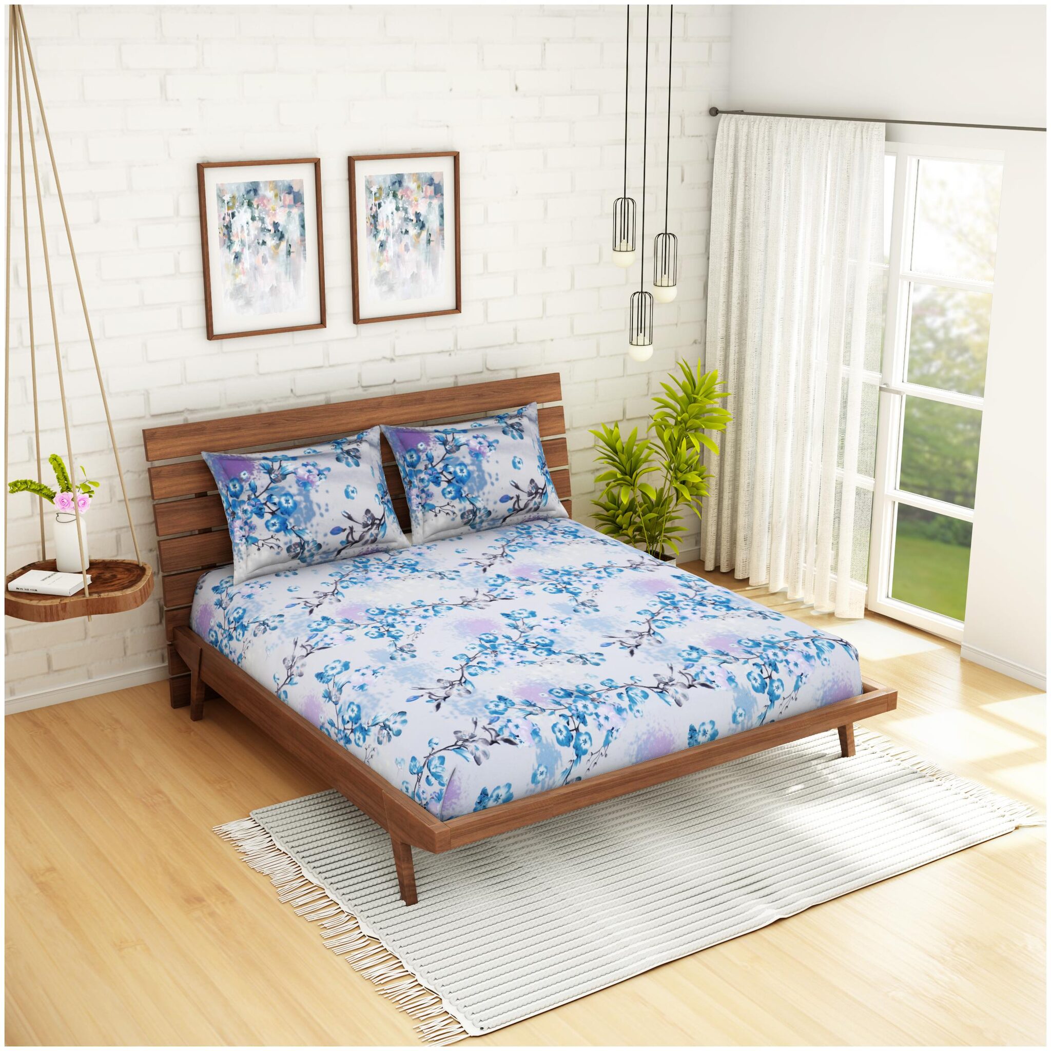 

Welhome Microfiber Floral Double Size Bedsheet 200 TC ( 1 Bedsheet With 2 Pillow Covers Blue White )