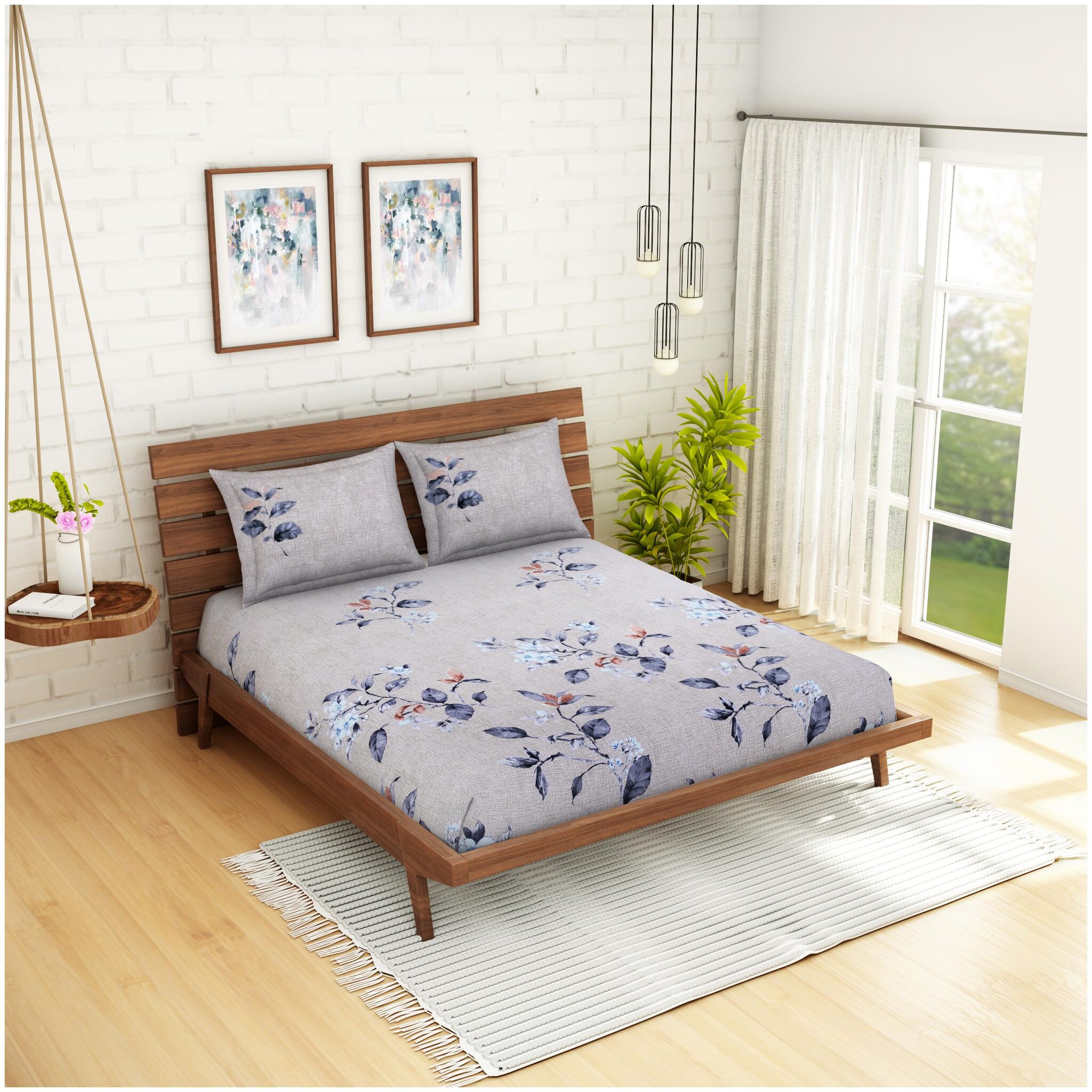 

Welhome Microfiber Floral Double Size Bedsheet 200 TC ( 1 Bedsheet With 2 Pillow Covers Grey Brown )