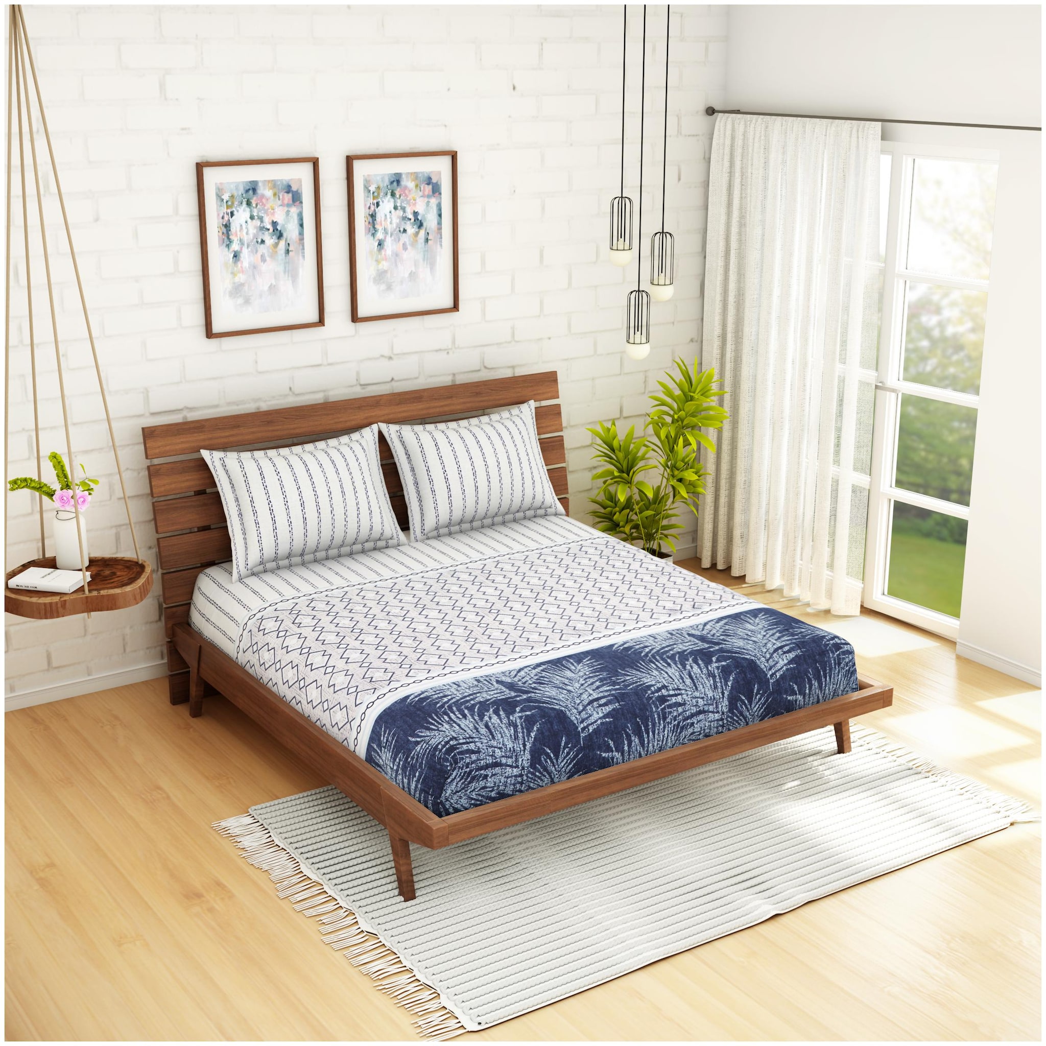 

Welhome Microfiber Geometric Double Size Bedsheet 200 TC ( 1 Bedsheet With 2 Pillow Covers Blue White )
