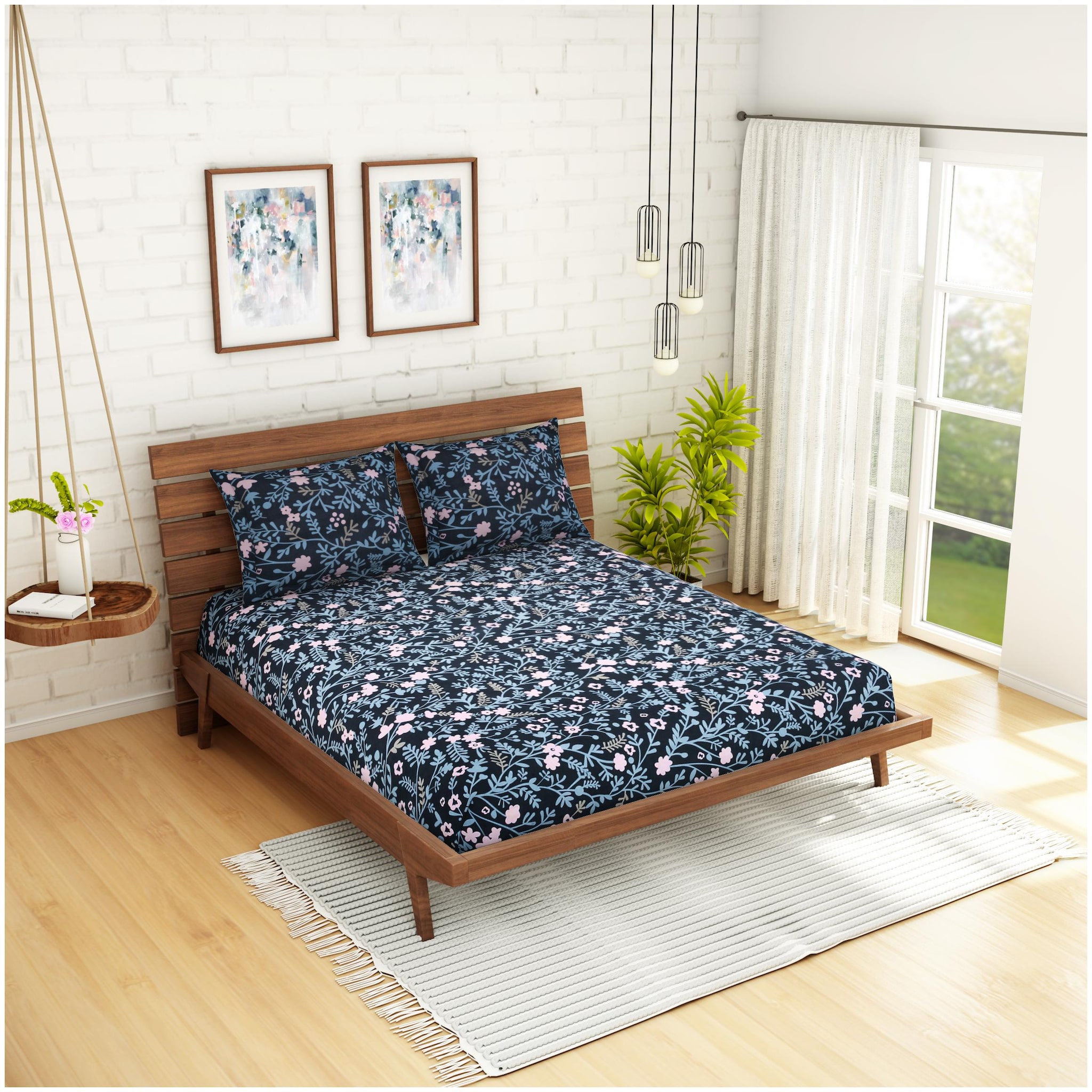 

Welhome Microfiber Floral Double Size Bedsheet 160 TC ( 1 Bedsheet With 2 Pillow Covers Black Pink )