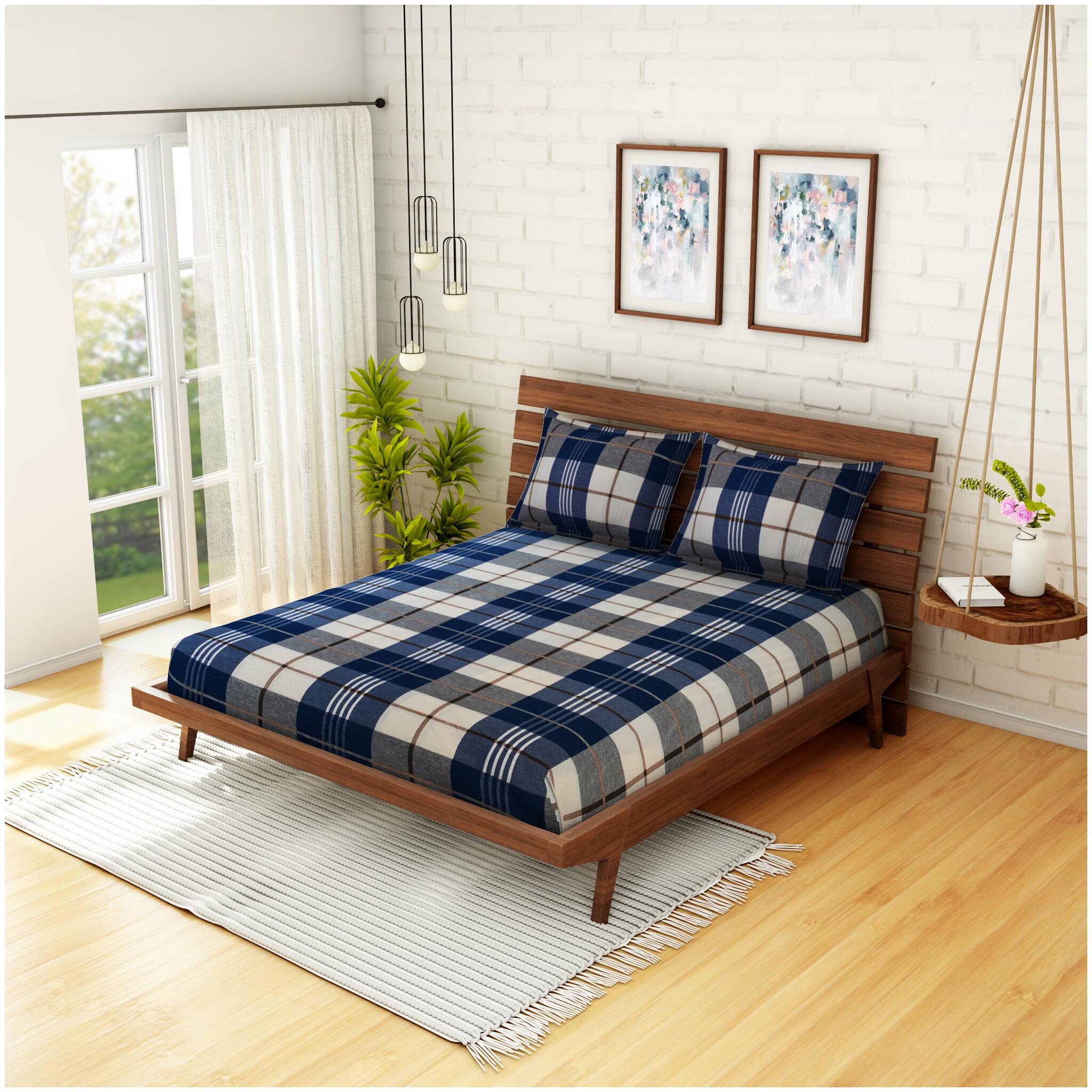 

Welhome Microfiber Checkered Double Size Bedsheet 160 TC ( 1 Bedsheet With 2 Pillow Covers Blue White )