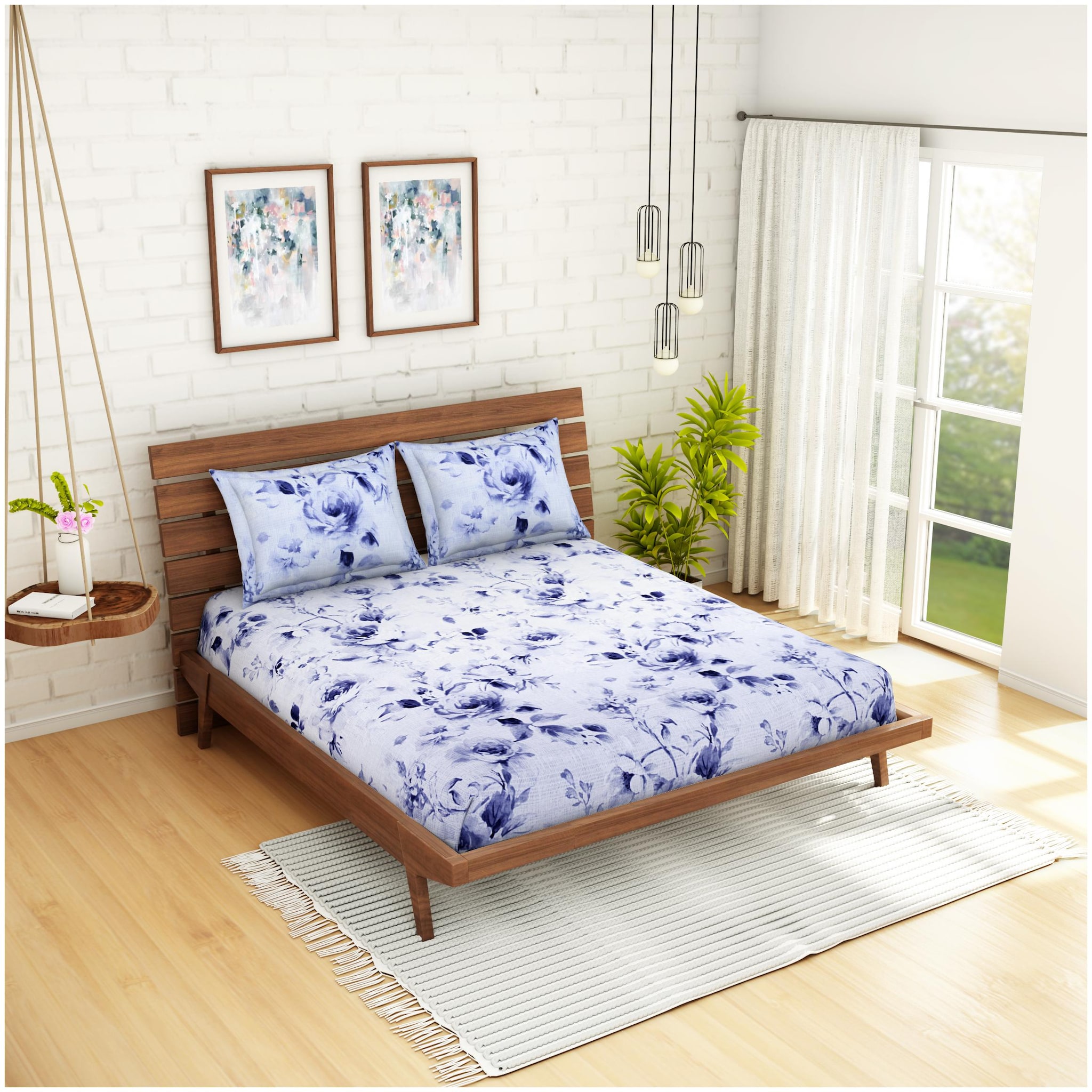

Welhome Microfiber Floral Double Size Bedsheet 160 TC ( 1 Bedsheet With 2 Pillow Covers White Blue )