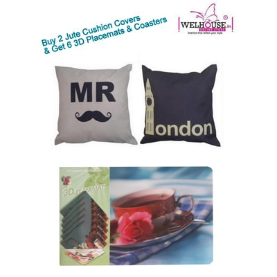 

Welhouse India Combo of 2 pcs Jute Cushion Covers 6 Placemats And Coasters