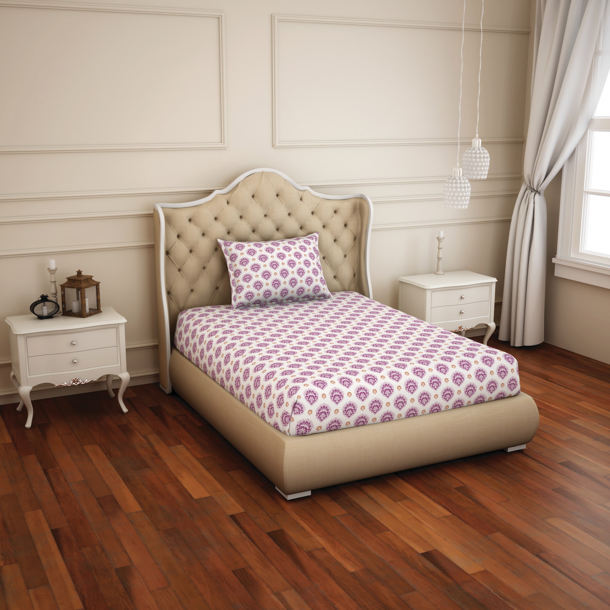 

Welspun Cotton Floral Single Size Bedsheet 150 TC ( 1 Bedsheet With 1 Pillow Covers White Purple )