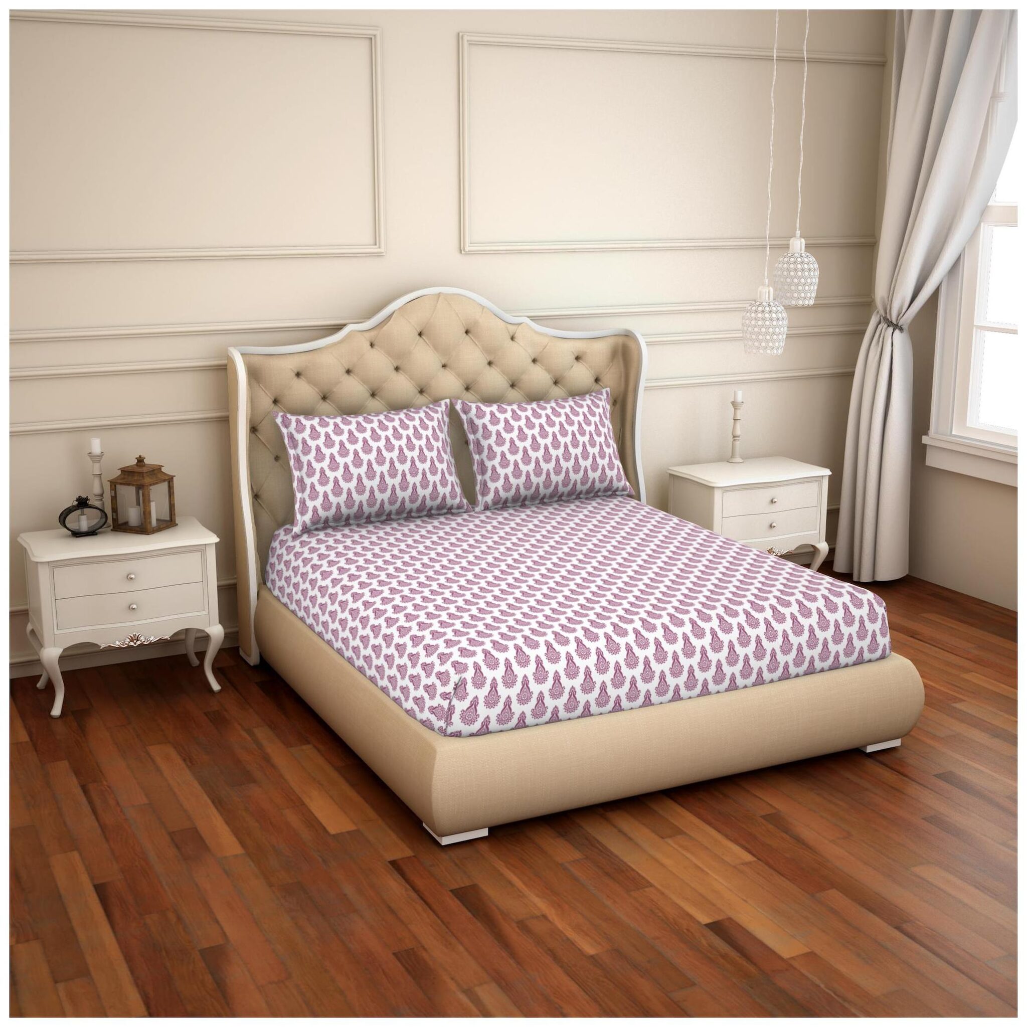 

Welspun Cotton Abstract Double Size Bedsheet 144 TC ( 1 Bedsheet With 2 Pillow Covers Pink Grey )
