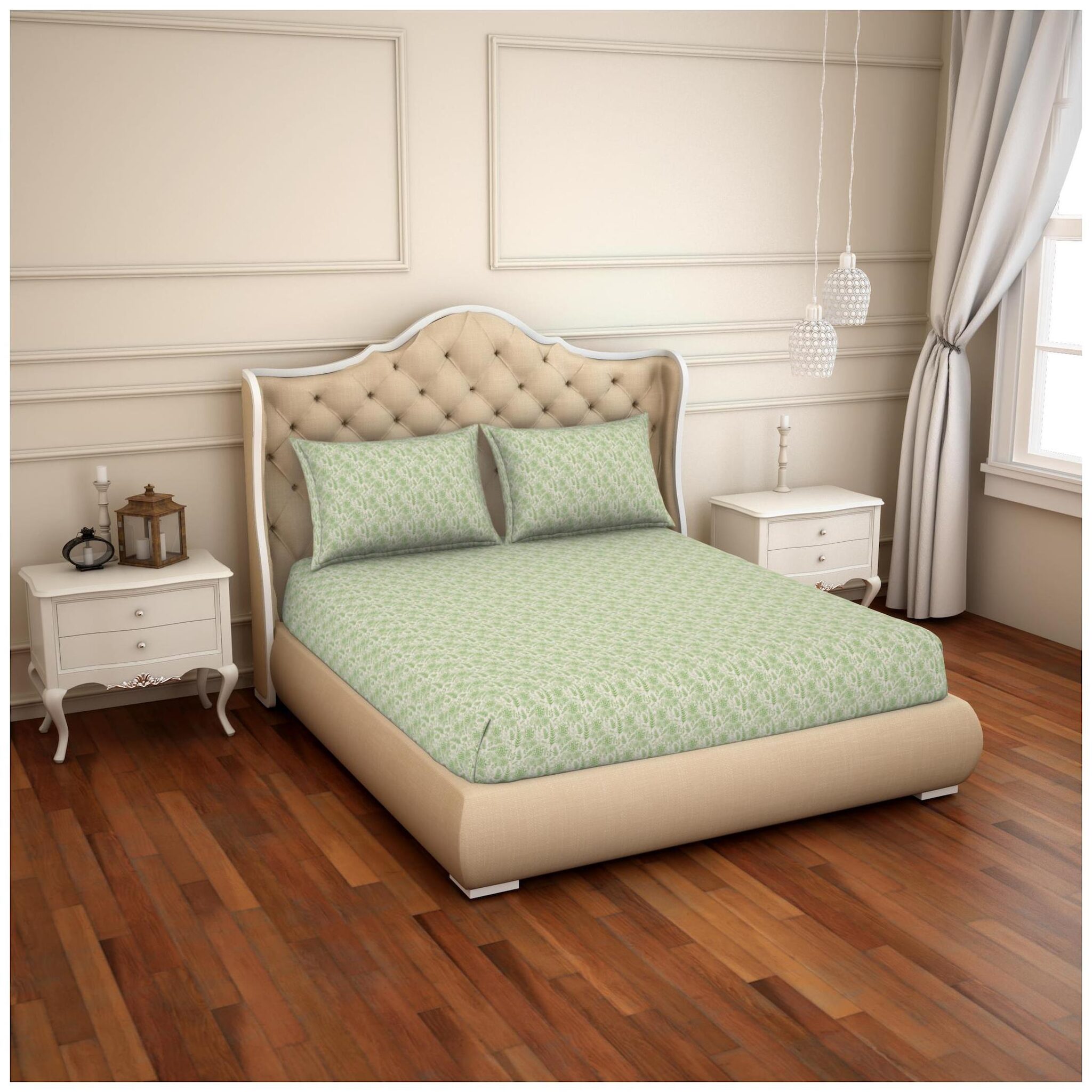 

Welspun Cotton Abstract Double Size Bedsheet 144 TC ( 1 Bedsheet With 2 Pillow Covers Green )