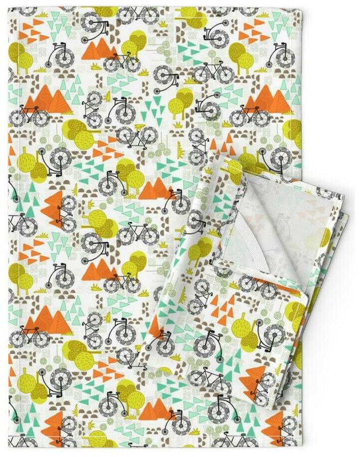 

Whimsical Bike Around Cycling Folk Linen Cotton Tea Towels by Roostery Set of 2