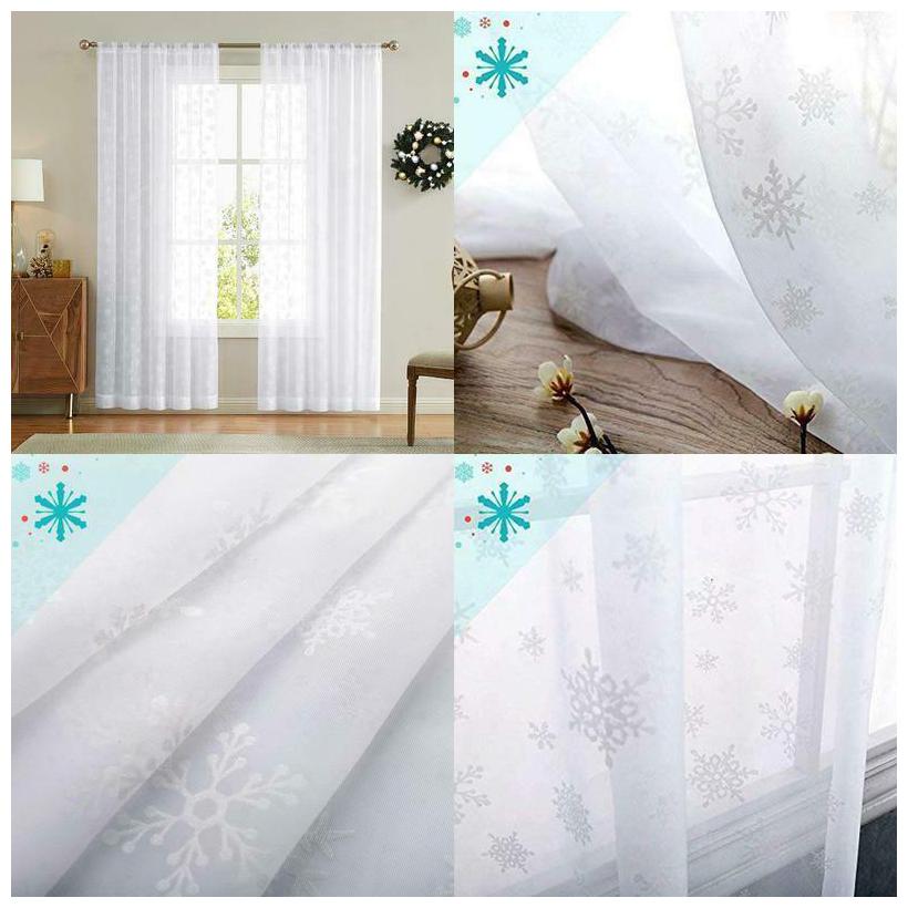 

White 63 Inch Long Sheer Curtains With Snowflake Design Drapes Christmas Winter