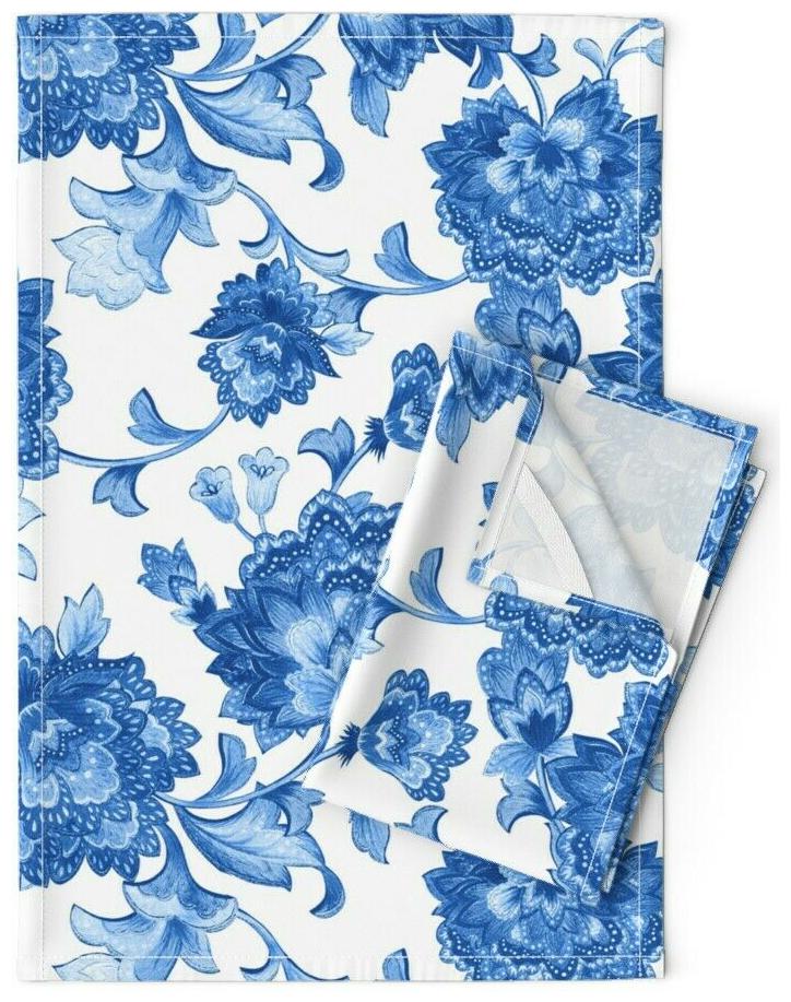

White Blue Floral Chinoiserie Linen Cotton Tea Towels by Roostery Set of 2