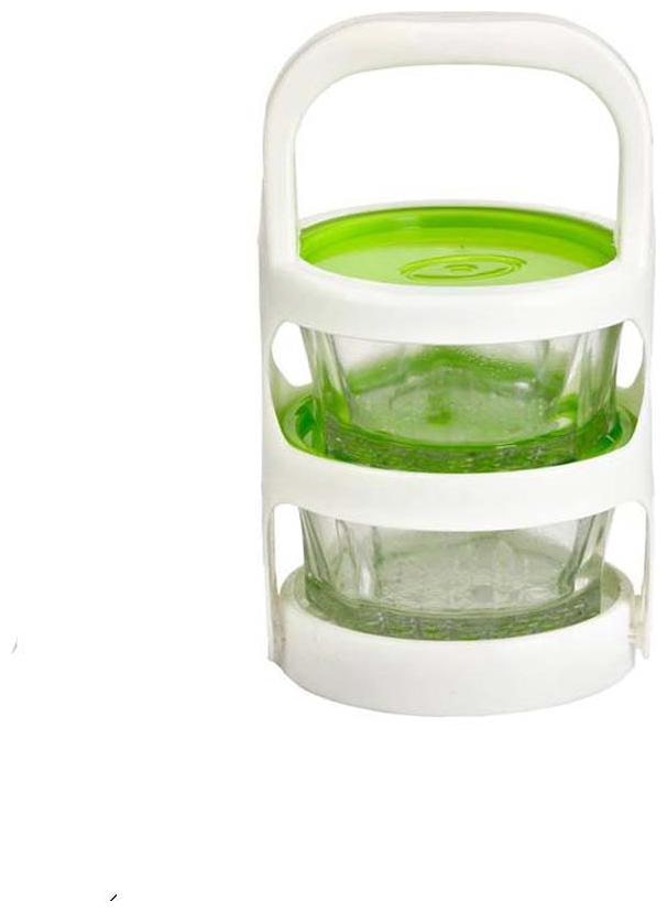 

White Green Easy Carry Glass Plastic Picnic Tiffin 2 Containers