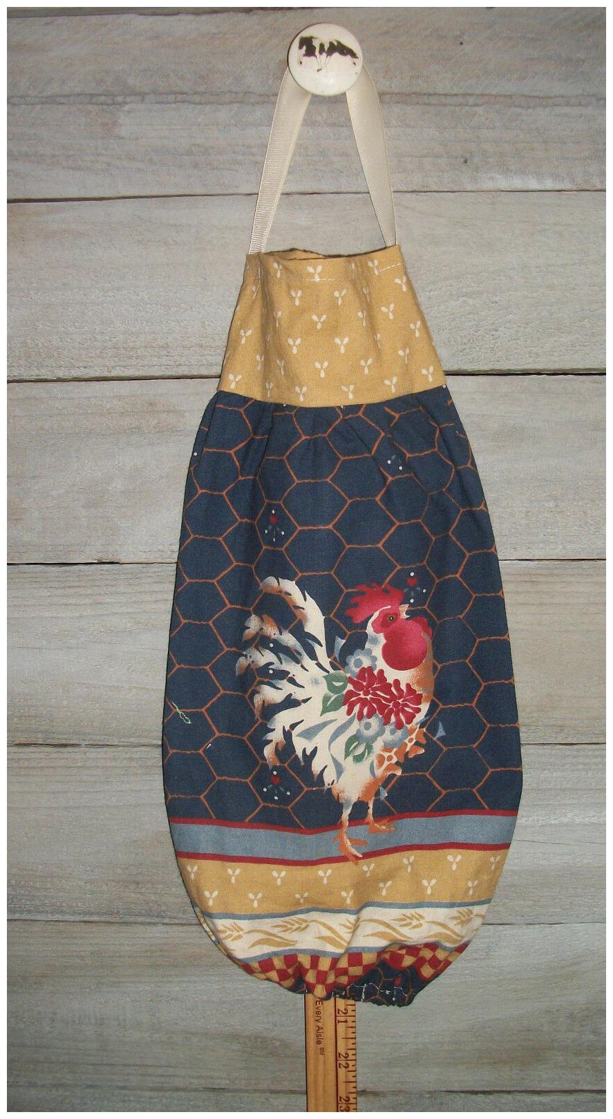 

White Rooster Flowers Plastic Grocery Bag Rag Sock Holder Organizer Handmade