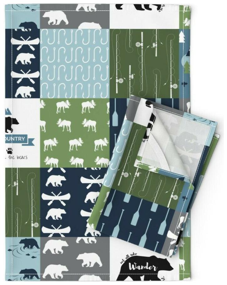 

Wildlife Cabin Bear Blue Moose Linen Cotton Tea Towels by Roostery Set of 2