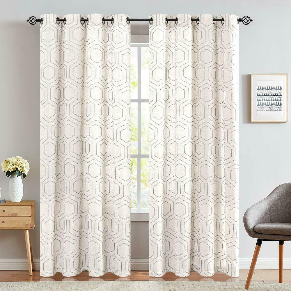 

Window Curtains Linen Textured Honeycomb Embroidered Design 2 Panels