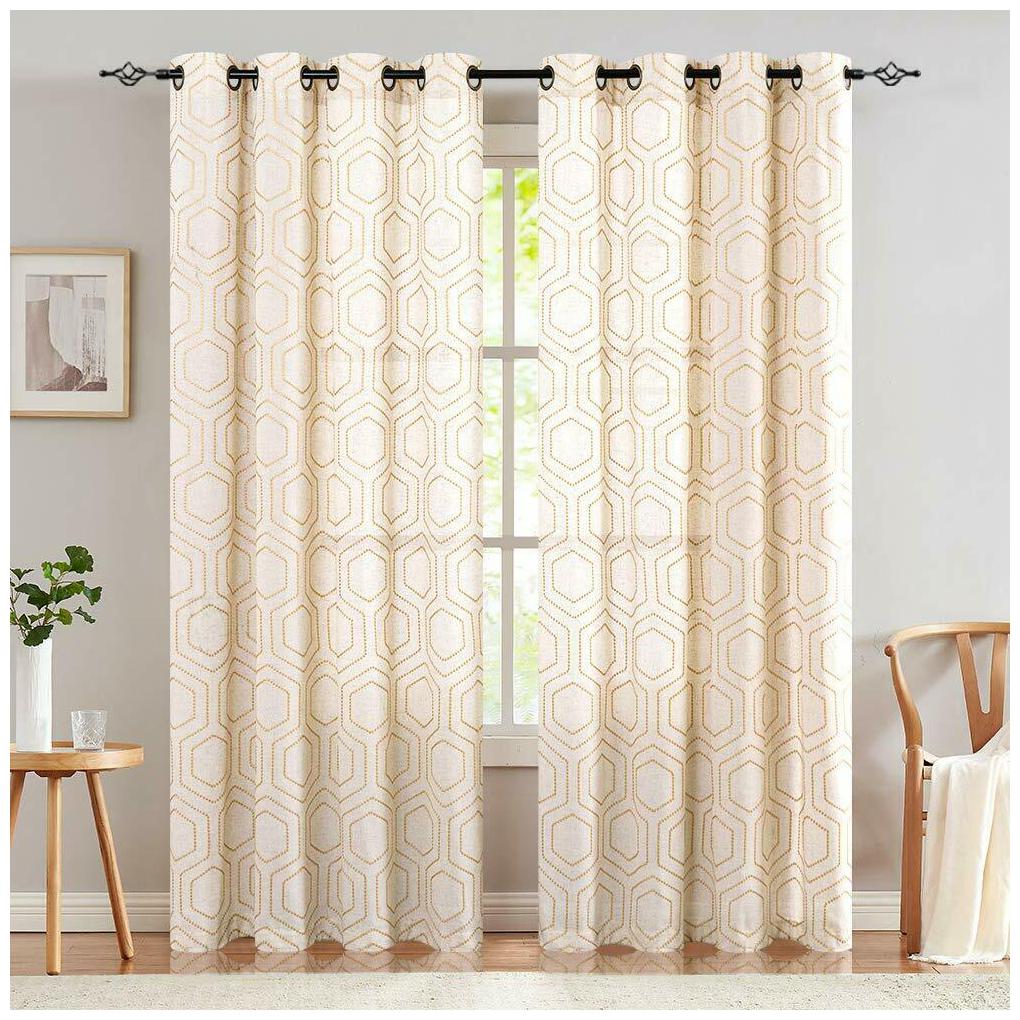 

Window Curtains Linen Textured Honeycomb Embroidered Design 2 Panels