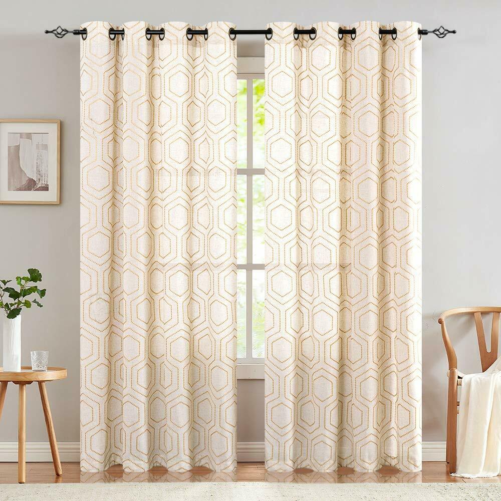

Window Curtains Linen Textured Honeycomb Embroidered Design 2 Panels