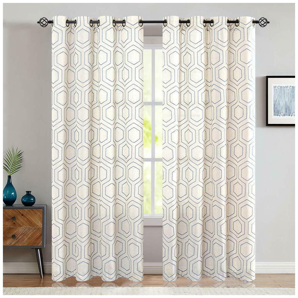

Window Curtains Linen Textured Honeycomb Embroidered Design 2 Panels