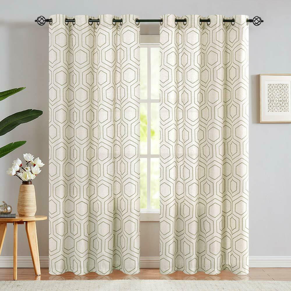 

Window Curtains Linen Textured Honeycomb Embroidered Design 2 Panels