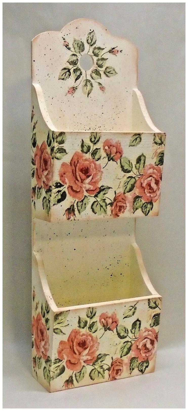 

Wood Decoupage Mail Holder Vintage Roses Shabby Chic
