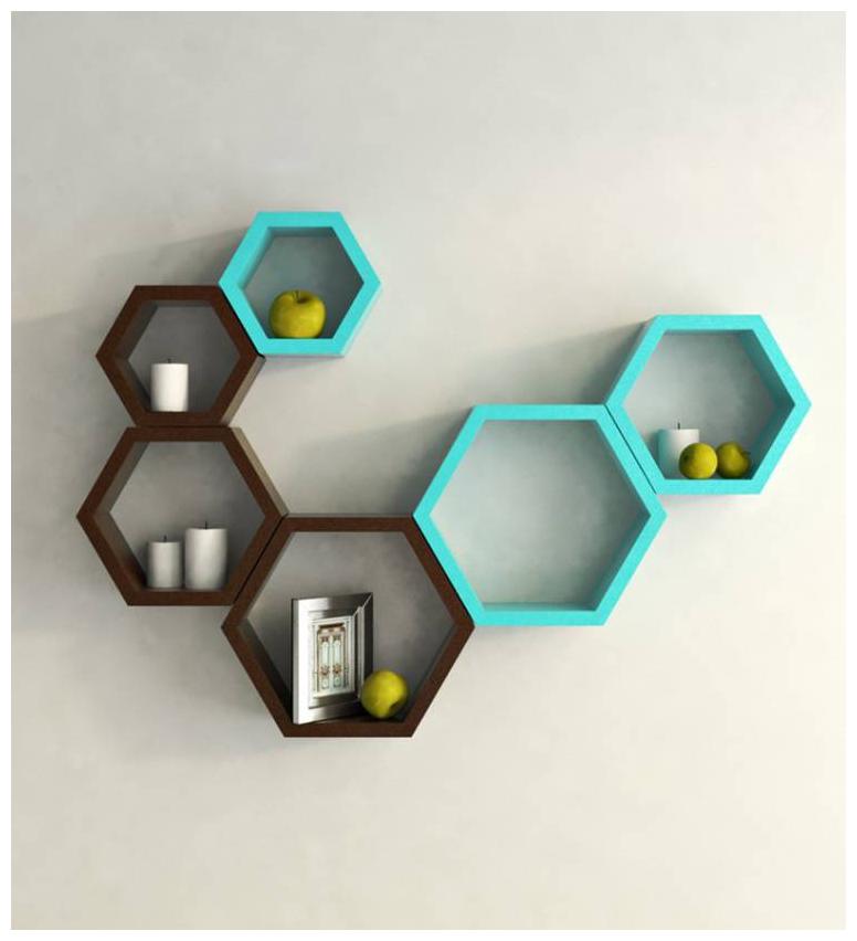 

WOOD WORLD D cor home Hexagon Shape Storage Wall Shelves set-6 - blue brown