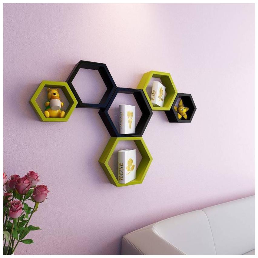 

WOOD WORLD D cor home Hexagon Shape Storage Wall Shelves set-6 - black green